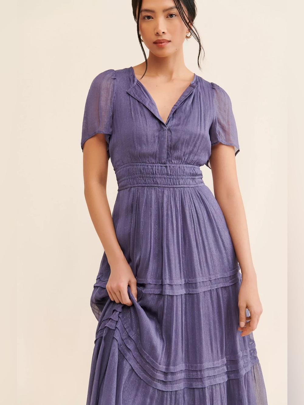Anthropologie Somerset Lavender Vicose Tiered Maxi Dress with Metallic Accents